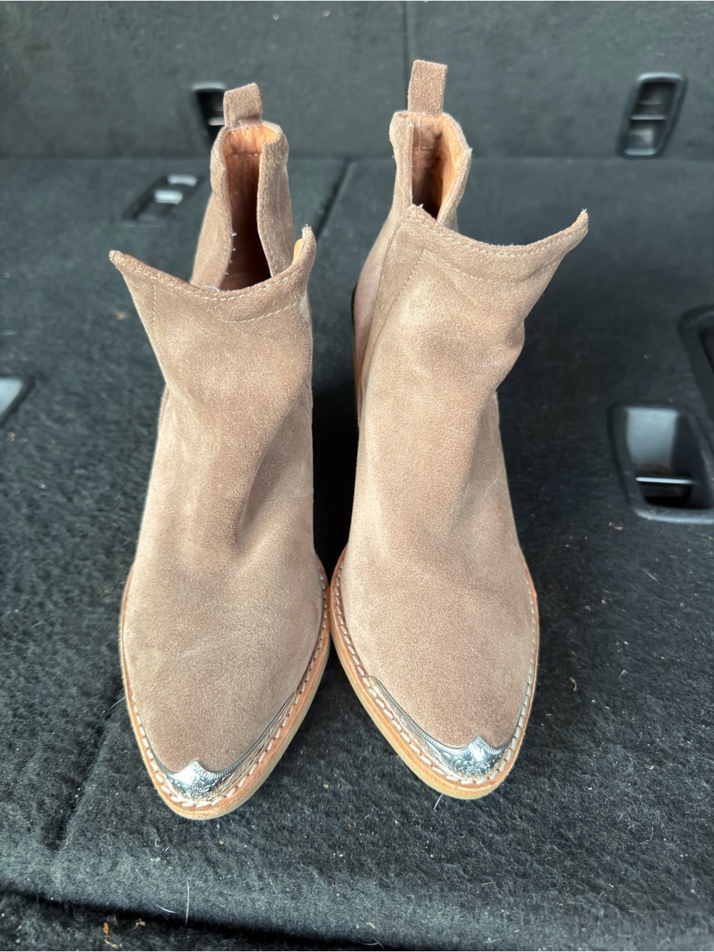 Jeffrey Campbell Taupe Suede Ankle Booties with Silver Toe Cap